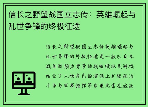信长之野望战国立志传：英雄崛起与乱世争锋的终极征途